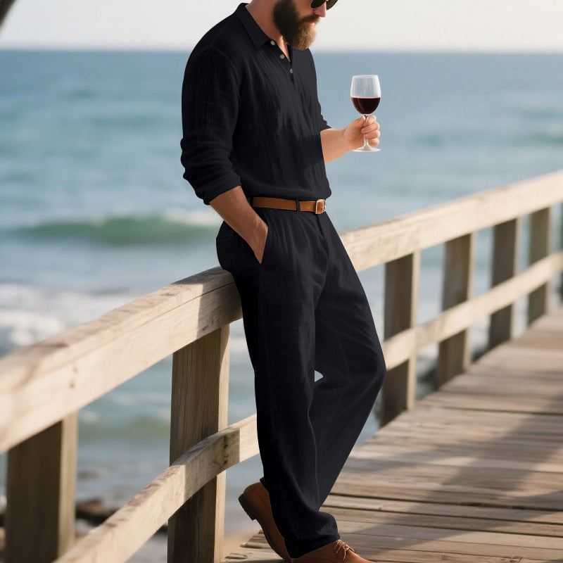 Men's Linen POLO Long-sleeved Trousers Casual Suit Solid Color Two-piece Set